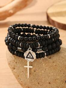 RINTOLER 4pcs/set Vintage Unusual Matte Lava Rock & Wooden Beads With Spacer Elastic Bracelet - ZJ10491 - View 13