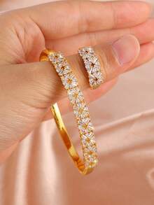 rakol 2pcs/Set Luxury Gold Flower Zirconia Inlaid Silver Bracelet & Ring Set - Gold Flower - View 5