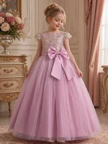 Girls Princess Flower Girl Dress Embroidered Tulle Bow Decor Puffy Ball Gown Prom Birthday Party Piano Recital Wedding Formal Pageant Wear - 藕粉色 - 查看 1