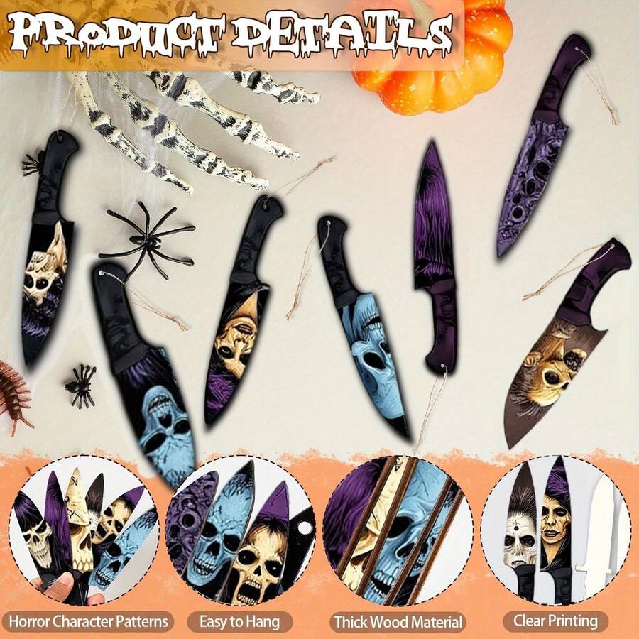 12pcs Horror Knife Decorations - Gothic Halloween Hanging Decor, Suitable For Haunted House, Trees, Windows, Walls - No Power Required, Thrilling Party Decor, Skull Theme Design, Exquisite Craftsmanship, Durable Wooden Props, Home Decor - Multicolor - View 1