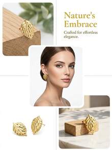 Vintage Sculpted Leaf Earrings Dainty Everyday Wear Studs - Multicolor - View 3