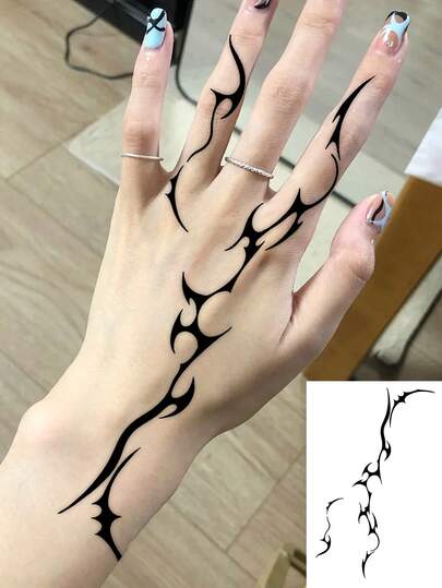 1 Sheet Long Lasting Dainty Bold Thorn Hand Temporary Tattoos, Waterproof Gothic Sharp Abstract Curve Wrist Stickers, Cool Dark Fake Tattoos For Daily Grunge Street Outfit Cafe Minimal Edgy Decor