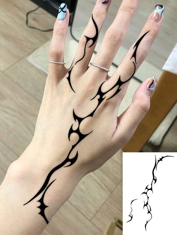1 Sheet Long Lasting Dainty Bold Thorn Hand Temporary Tattoos, Waterproof Gothic Sharp Abstract Curve Wrist Stickers, Cool Dark Fake Tattoos For Daily Grunge Street Outfit Cafe Minimal Edgy Decor