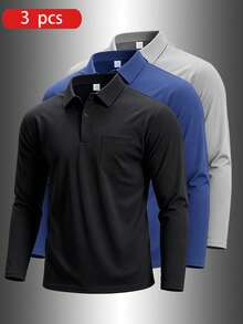 3pcs Men's Spring/Autumn Soft Comfortable Breathable Business Casual Golf Sports Long Sleeve Polo Shirts With Chest Pocket - Multicolor - View 1