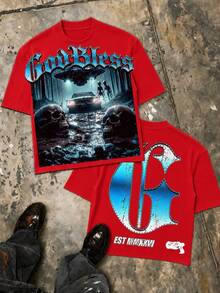 UFO Alien Double Sided Graphic Godbless Brand Casual Tee, Oversized Streetwear, Fathers Day Independence Summer Top For Men - 紅色 - 查看 17