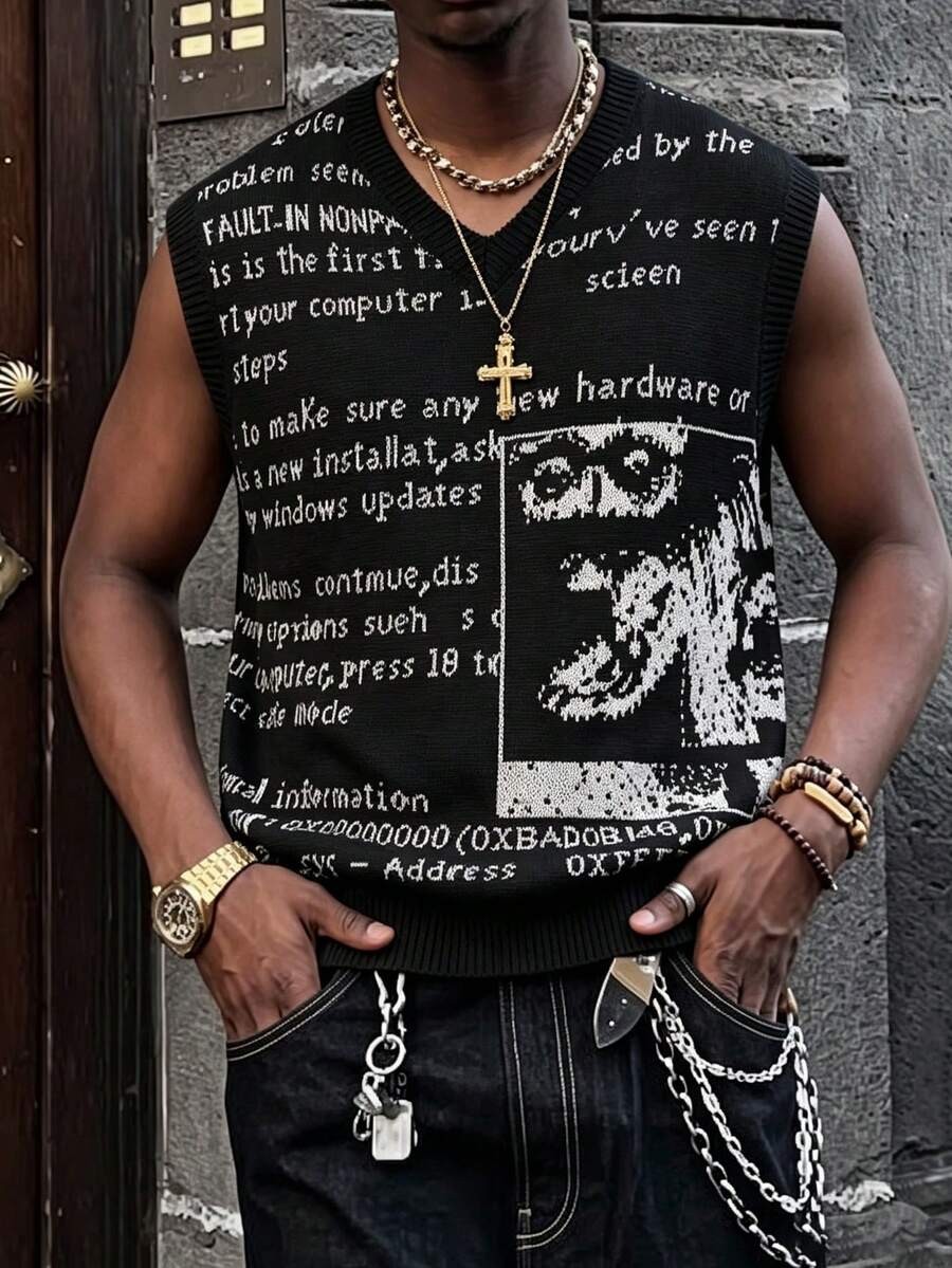 ANDREILEE Spring/Summer Men's Neutral Street Style Versatile Casual Commute V-Neck Sleeveless Loose Knit Vest Pullover Sweater Back To School - Black - View 1