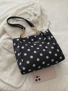 1 pieza Bolso de hombro de moda con patrón de lunares y contraste de color, de poliéster, gran capacidad y cierre de cremallera, adecuado para el uso diario de las mujeres - Blanco y Negro - Ver 3