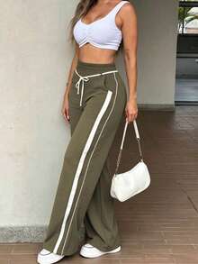 Women's Fall Color-Block Striped Casual Pants, Elastic Waistband, Pockets, Straight-Leg Style - Army Green - View 4