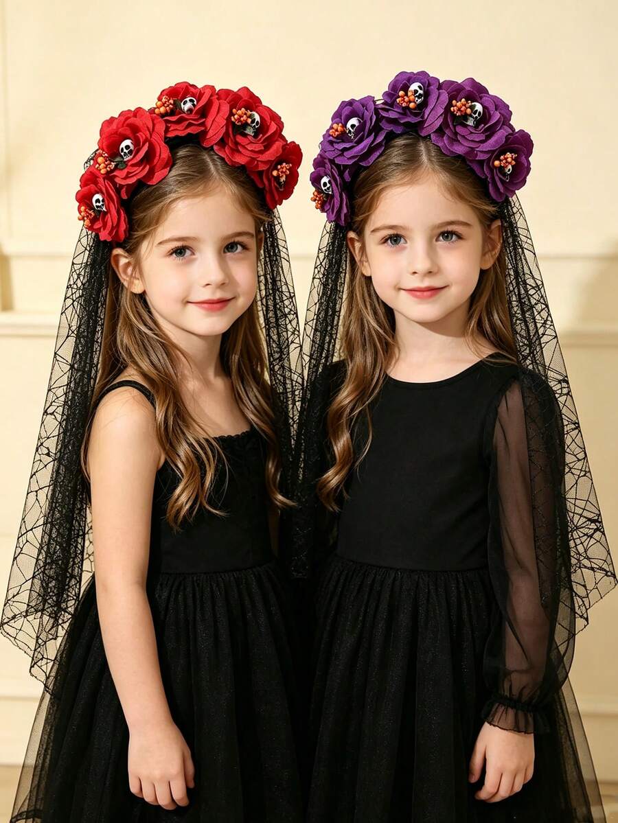 Rose Skull Flower Element - Day Of The Dead Headpiece - Halloween Flower Skull Headband - Spider Web Crown Party Hair Accessory - Multicolor - View 1