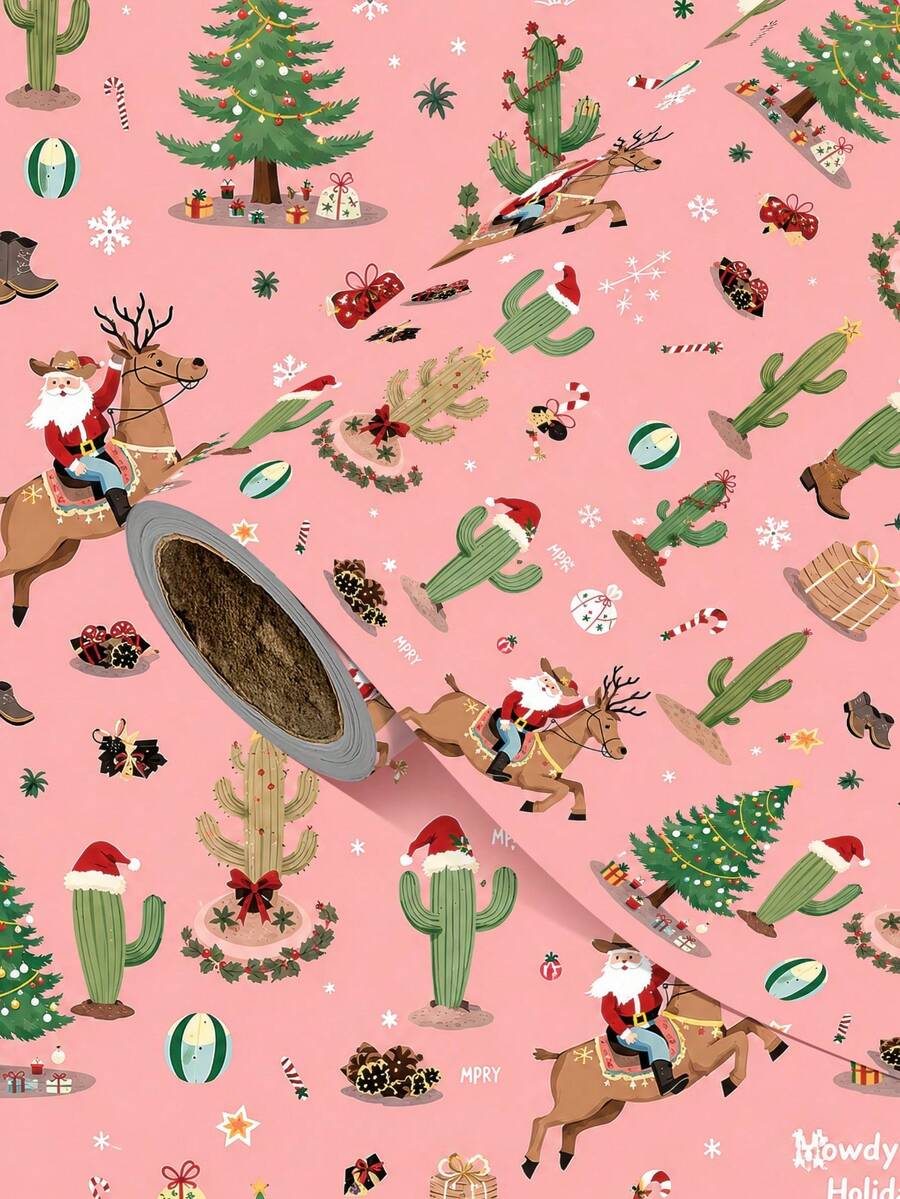 1 Roll Of Christmas Gift Wrapping Paper Featuring A Design Of Cowboy Santa Riding A Reindeer;Perfect For Christmas Gift Wrapping,Holiday Party Decor,Home Festive Decoration,DIY Craft,Festive Favour Wrapping Dimensions: 43 Cm X 300 Cm. - A - View 1