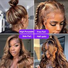 Highlight 360 Body Wave Lace Front Wigs Human Hair 250 Density Highlight Honey Blonde Wig Human Hair 4/27 Ombre Lace Front Wig 13x6 HD Human Hair For Women 360 Glueless Drawstring Wig Pre Plucked With Baby Hair - S4/27 - 查看 8