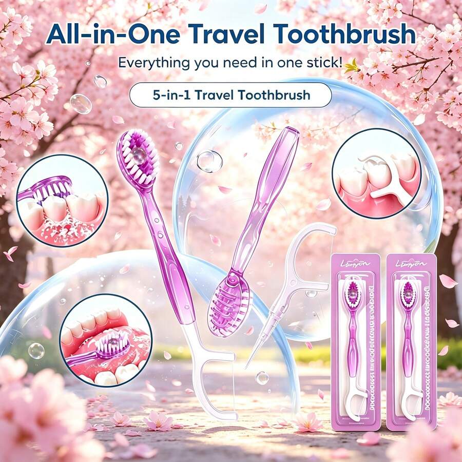 30件/20件/10件/5件 一次性迷你旅行牙刷套組,5合1迷你紫色牙刷 + 牙線 + 牙籤,便攜式牙刷,適合旅行、工作與日常使用,精巧設計 - 紫色 - 查看 1
