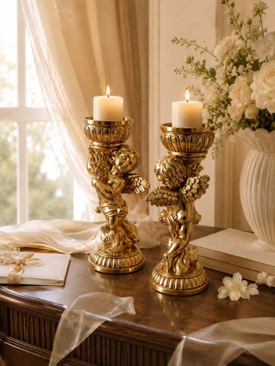 1pc Vintage European Style Angel Candle Holder Set, Angel Sculpture Decor, Home Decoration, Tabletop Candle Holder, Elegant Gift, Suitable For Weddings, Holidays And Special Occasions - Multicolor - View 1