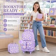 3pcs Girls Floral Print Woven Fabric Backpack Set With Handbag & Pen Pouch, Zipper Closure Sweet Rolling School Bag For Daily Learning - Pink - View 8
