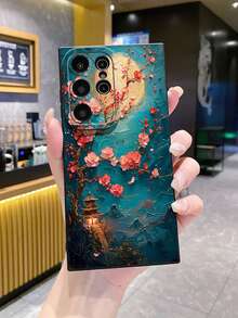 1 buah Lukisan Minyak Bunga Pink Bulan Casing Ponsel Anti Jatuh Cetak UV Kompatibel dengan Model /Galaxy/Android - Hitam - View 3
