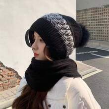 1pc Women's Autumn/Winter Thermal Lined Knit Hat With Scarf, Thick Warm Ear-Protective Beanie - Multicolor - View 3