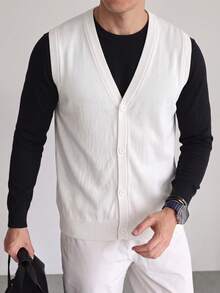 Men's Minimalist Solid White V-Neck Button-Up Knit Vest, Vertical Texture Sleeveless Cardigan, Spring/Autumn Inner/Outer Layering Waistcoat - White - View 2
