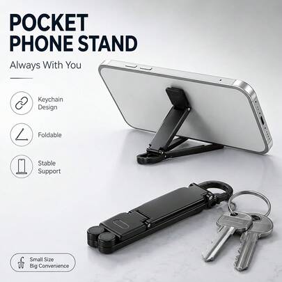 Portable Foldable Phone Stand, Mini Keychain Phone Holder With Spring Clip, Compact Travel Support Stand, Suitable For Smartphones Under 8 Inches