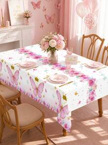 1Pc Disposable Plastic Tablecloth,Pink Butterfly Pattern Rectangle Table Cover For Princess Theme Bridal Shower Baby Shower Girls Birthday Party Decor - Multicolor - View 2