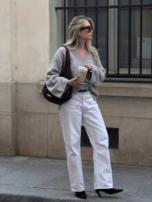 FOR BEAUTY Fall Winter Women Knit Tops Y2K Chic Grey V Neck Loose Pullover Sweaters Basic Business Casual Office Workwear Going Out Outfits - Light Gray - View 4