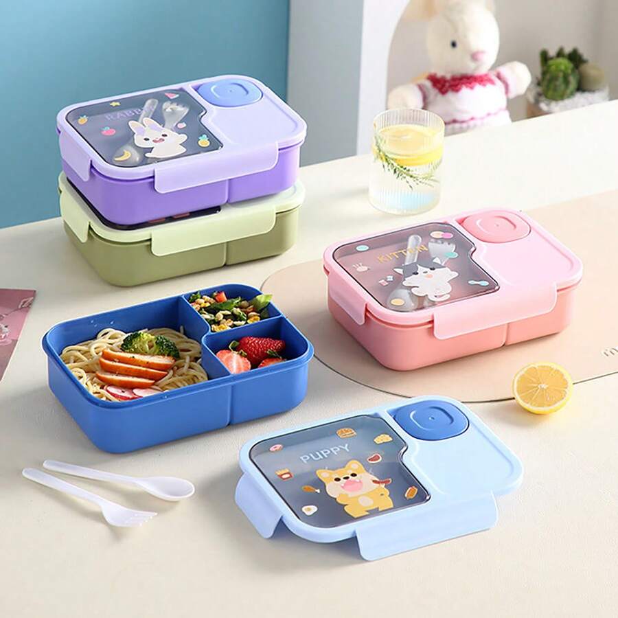 1450ml Cartoon Animal 3-Compartment Bento Box, Leak-Proof Food Container With Sauce Cup And Utensils, Microwave , Portable Lunch Box For Kids And Students For School And Outdoor Picnic, Multiple Cute Patterns Available - Multicolor - View 1