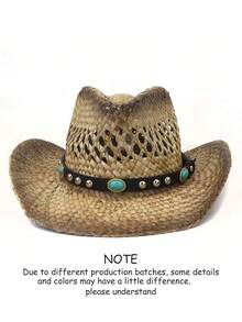 1pc Unisex Leather Belt Metal Decor Gradient Print Western Cowboy Straw Hat, All-Season Fashion Versatile Sun Protection Outdoor Beach Hat, Style - Gem - View 28