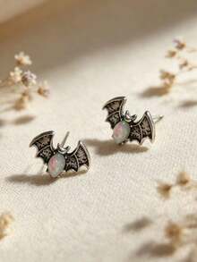 1 Pair Vintage Punk Style Bat Design Oval Faux Opal Stud Earrings, Suitable For Women's Halloween, Party, Travel Jewelry Gift - Antique Silver - View 3