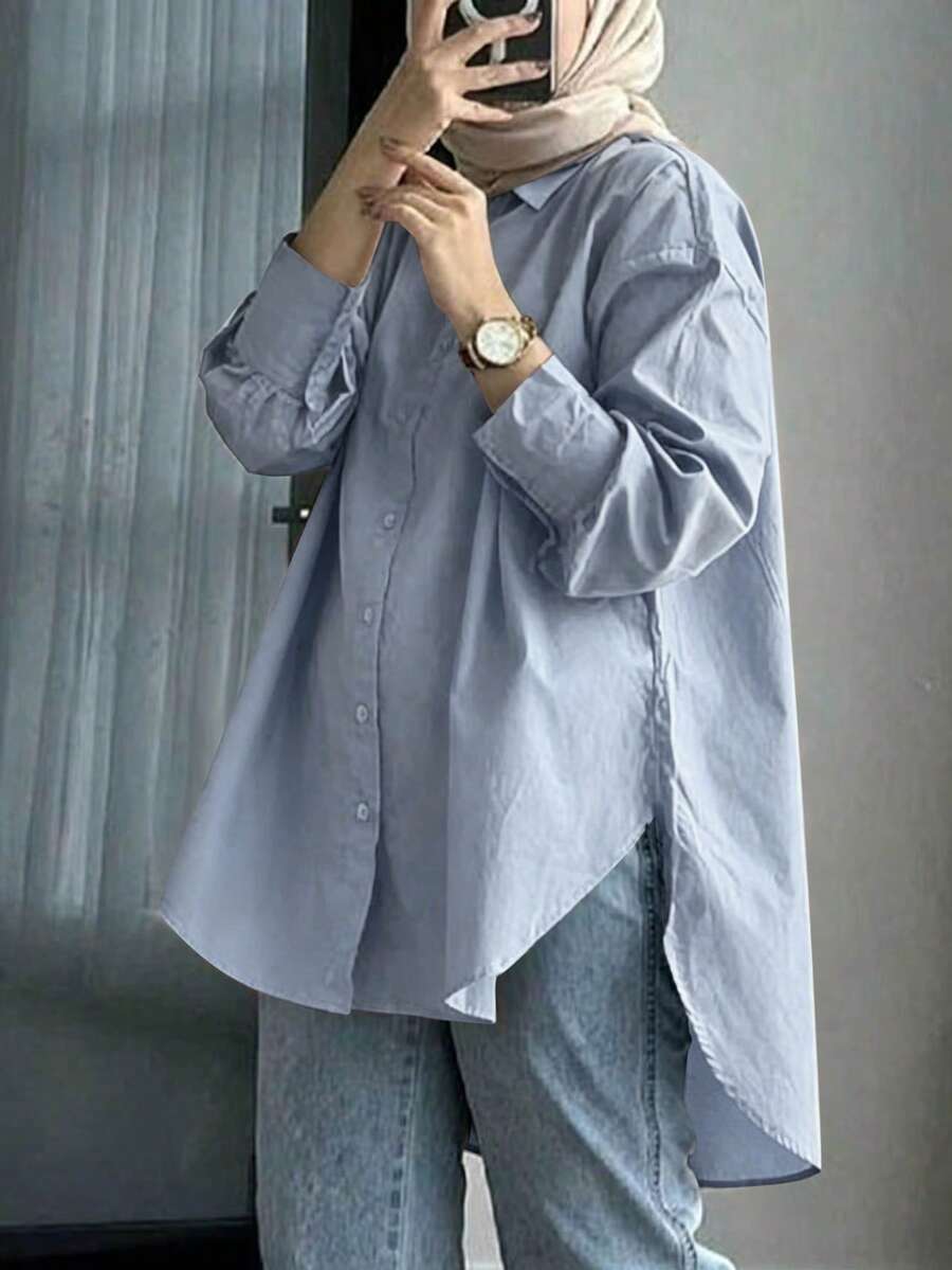 女款端莊長袖格紋襯衫領前扣常規上衣,梭織面料 - 霧霾藍 - 查看 1