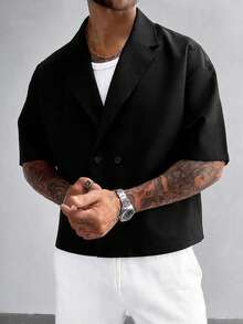 GloMan Old Money Style Men's Black Button Short Sleeve Loose Blazer, Summer Autumn Shirt, Business Casual, Vacation, Beach, Office Commute, Streetwear, Suitable For Father/Husband - Black - View 5