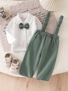 Baby Boy Fashionable Handsome 2-Piece Set Bow Decor Front Button Long Sleeve Shirt + Pleated Suspenders Straight Leg Pants - Green - View 3