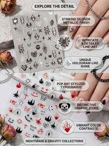 1 Set Ins Punk Dark Halloween Embossed Decorative Stickers, Spider Web, Skull Palm, Flame And Gothic Pattern Combination Design, Black White Red Color Scheme With Cool Vibe, Firm Adhesion And Scratch-Resistant, Suitable For Digital Shells, Storage Boxes, Planner Decoration Room Decor Home Decor Halloween Decor - 1 Set Punk Dark Spider Web - View 4