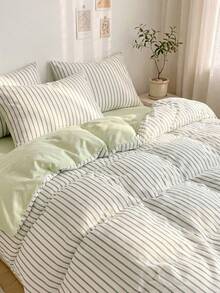 2/3 Piece Duvet Cover Set, Home Textiles, Minimalist Style, Green And White Striped, Comfortable And Breathable Bedding Set, Soft And Anti-Pilling, Without Duvet Insert, Suitable For All Sizes Of Large Beds, Applicable For All Seasons, Room Decoration - Multicolor - View 6