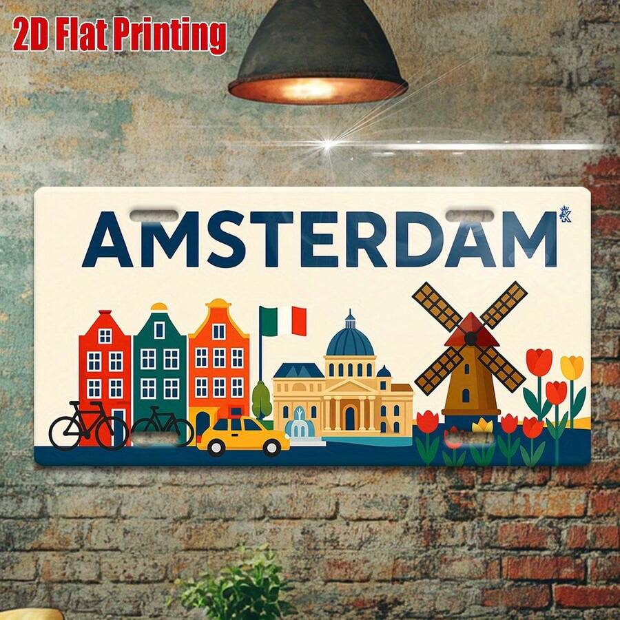 2D Flat Print, 1pc, Vintage Metal Sign, Outdoor Wall Decor, Amsterdam Sign With Classic Dutch Elements, Suitable For Home, Bar, Cafe, Garage Wall Decor, Industrial Style Decor (Random Style) - A - View 1
