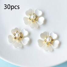 30pcs Faux Pearl Rhinestone Flower Design Charms, Faux Pearl Embellishments Brooch Flat Back Alloy Flower Rhinestone Buttons For Jewelry Making Clothes Bags Shoes Supplies Wedding DIY And Sew Craft Projects Valentines - 5-petal Flower White - View 8