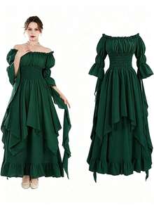 Medieval Style Women's Solid Color Off Shoulder Flared Sleeve Waist Maxi Elegant Dress Spring - Dark Green - View 2