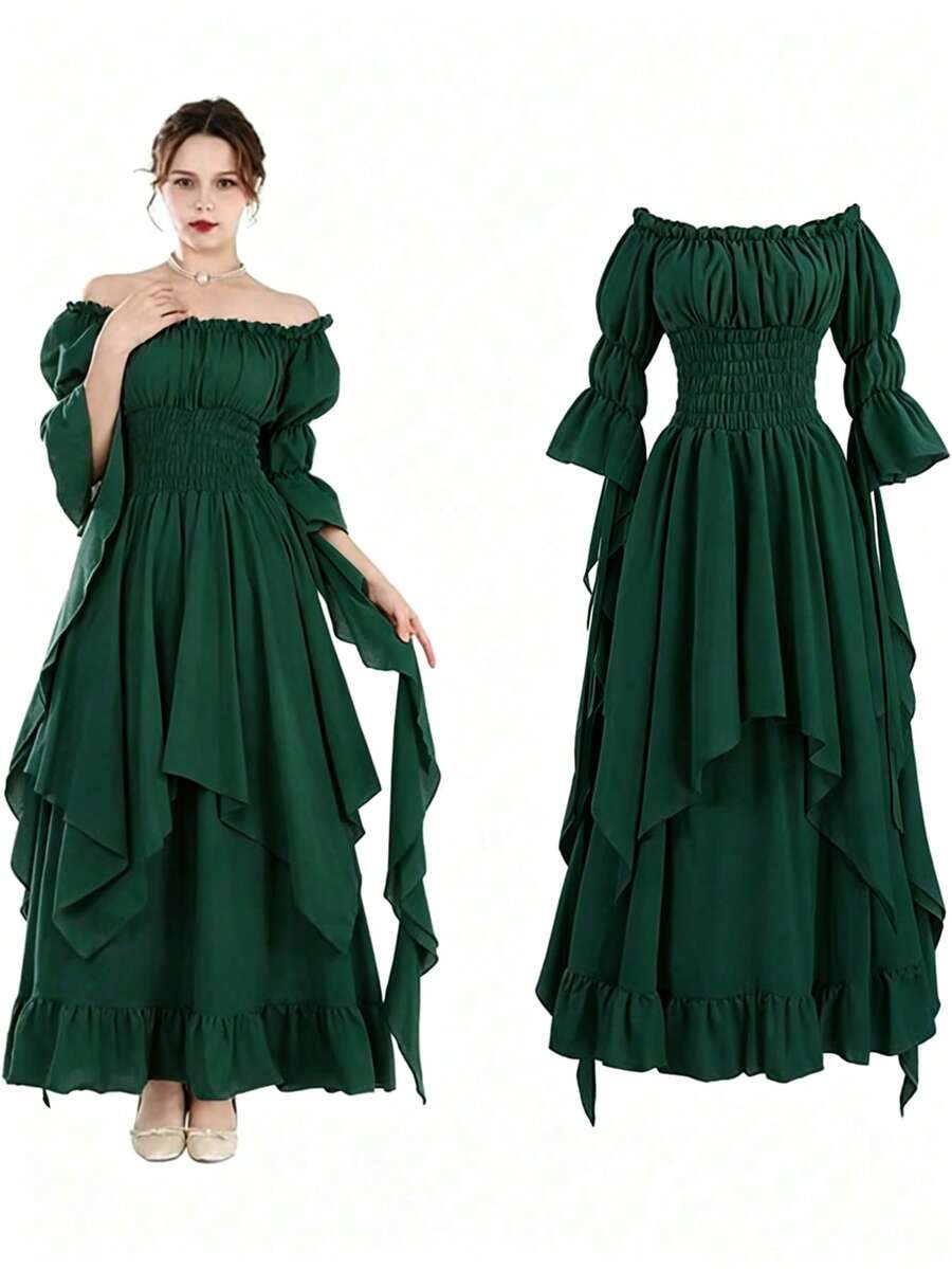 Medieval Style Women's Solid Color Off Shoulder Flared Sleeve Waist Maxi Elegant Dress Spring