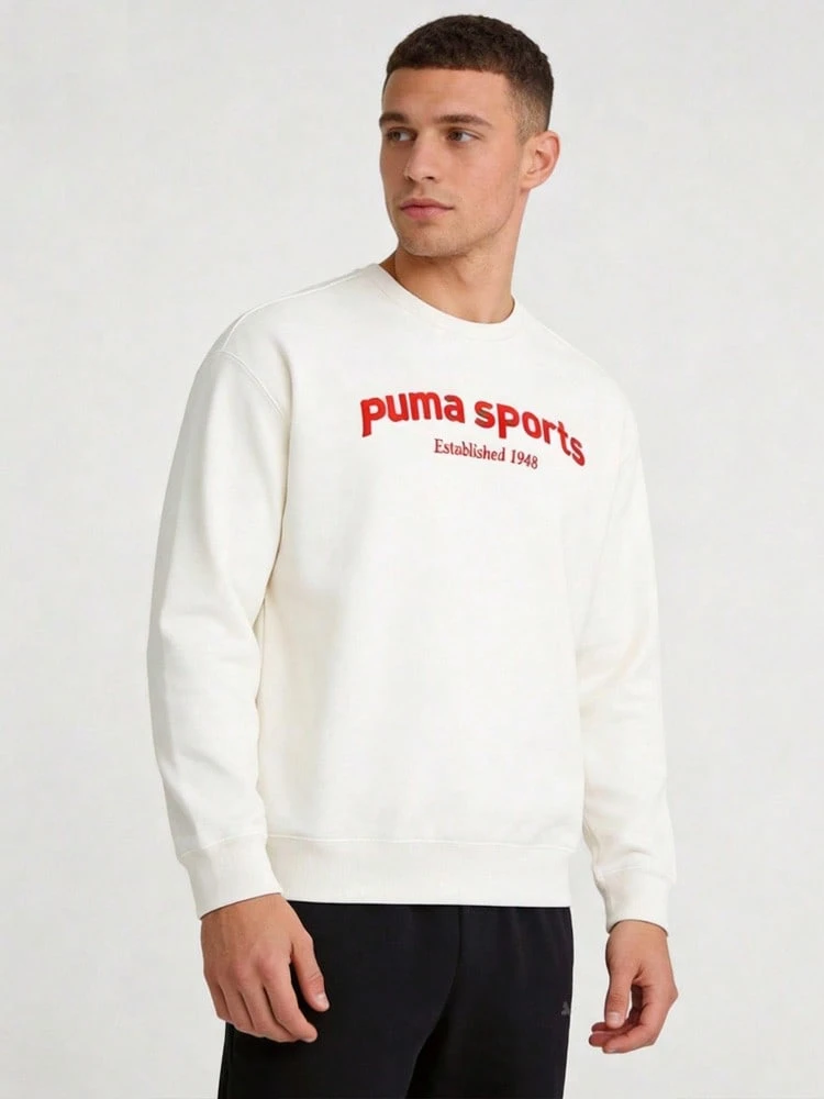 PUMA 撞色基本款純色時尚百搭字母印花休閒圓領長袖衛衣 男款 白紅色 - 白紅色 - 查看 1