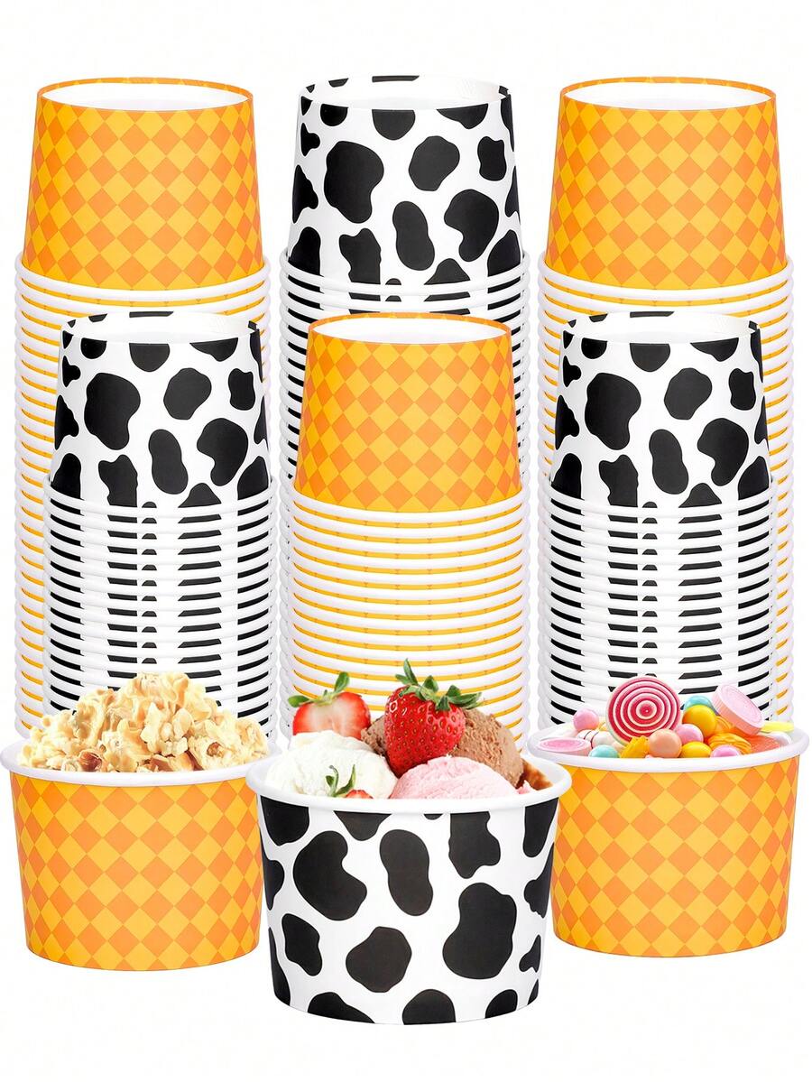 10 pièces/20 pièces/40 pièces/80 pièces Gobelets à glace en papier à motif de vache orange et carreaux de diamant, 3,5 pouces de diamètre supérieur, 2,4 pouces de hauteur, bols à collations et friandises, contenants à desserts à motif de dessin animé pour sundae, yaourt, fête d'anniversaire, fête à thème vache, fête de la ferme, fournitures de table de collations festives de carnaval - Multicolore - Voir 1