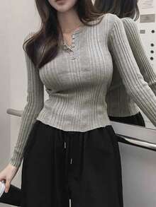 Women's Korean Style Minimalist Button Half-Placket Long Sleeve Knit Sweater - Grey - View 4