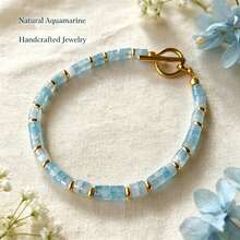 1Pc Handcrafted Cylindrical Tube Bead Aquamarine Natural Stone Bracelet, Pale Blue Translucent Stones, Fresh Minimalist Stackable Jewelry For Women - Aquamarine - View 2
