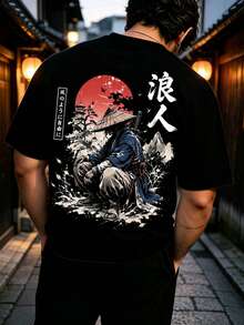 Plus Size Men's Black Japanese Samurai Ronin Red Sun Print Short Sleeve T-Shirt, Loose Fit Vintage Double-Sided Graphic Top - Black - View 3