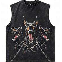 2026 New Arrival Summer Unisex Cerberus Doberman Graphic T-Shirt,Sleeve Tee, Gothic Three-Headed Dog Print Oversized Top For Streetwear - 黑色背心 - 查看 9