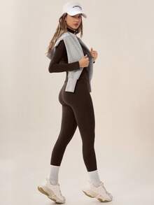 TimeOff Women's One Set Autumn/Winter Solid Color Stand Collar Slim Fit Long Sleeve Leggings Set - Coffee Brown - View 6
