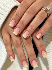24pcs Pink-Yellow Gradient Square Short Press-On Full Coverage Classic Minimalist French Style Artificial Nails For Party, Date And Back To School Daily Wear - Multicolor - View 1