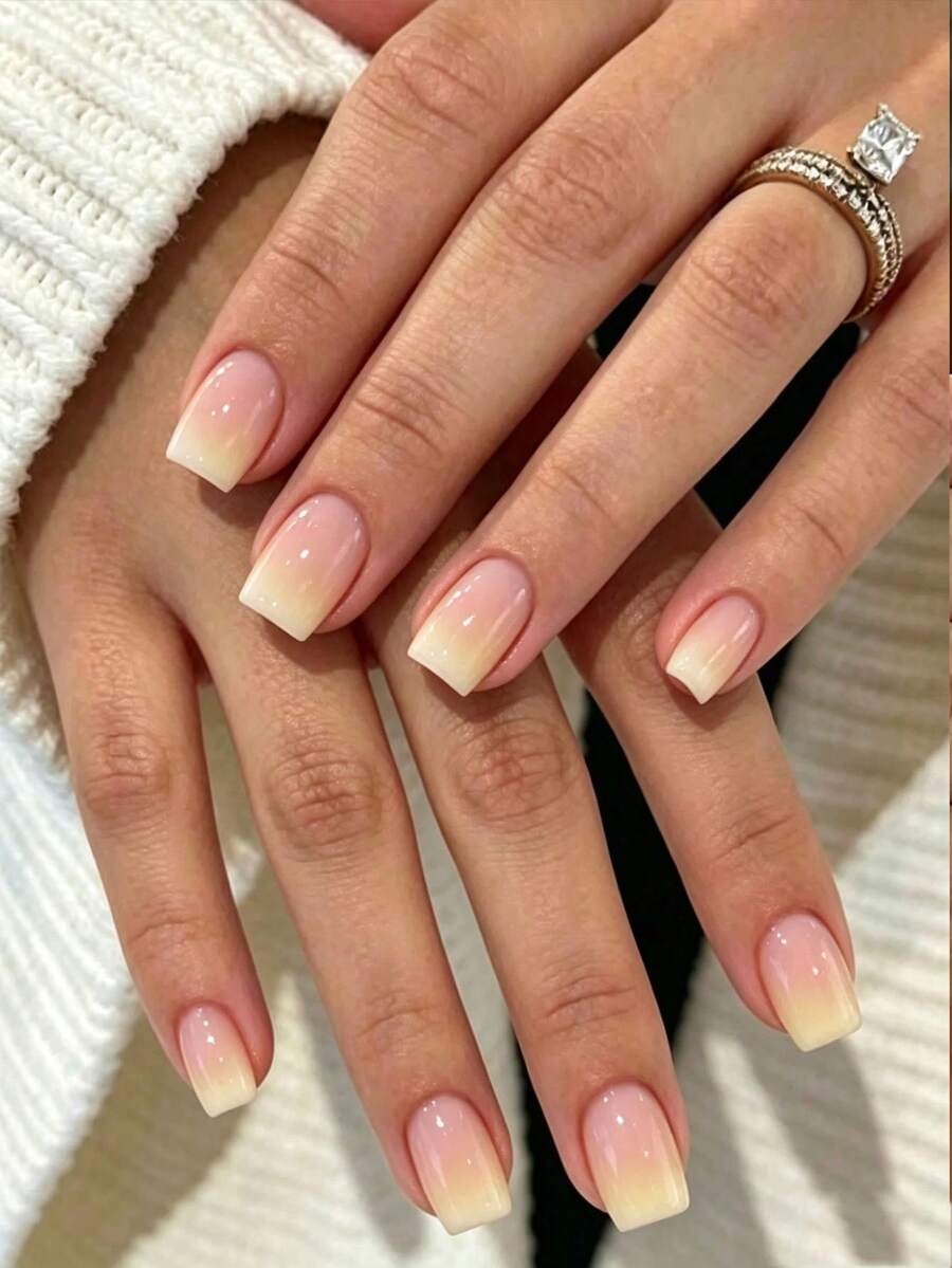 24pcs Pink-Yellow Gradient Square Short Press-On Full Coverage Classic Minimalist French Style Artificial Nails For Party, Date And Back To School Daily Wear - Multicolor - View 1