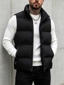 Men's Stand Collar Sleeveless Vest Jacket, Winter Warm Slim Fit Unisex Couple Style Daily Versatile Minimalist Vest Jacket - Black - View 5
