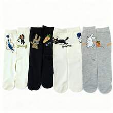 4 Pairs AB Style Cute Cartoon Animal Crew Socks, Soft Mid-Calf, Kawaii Cat Rabbit Carrot Fish Pattern Casual Socks For Daily Wear, School, Holiday Gift - Multicolor - View 7