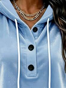 1pc Solid Color Velvet Drawstring Button Front Hooded Top For Women, Casual Beach Wear, Autumn/Winter - Blue - View 3