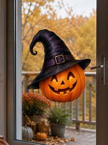 1pc Halloween Witch Hat Jack-O'-Lantern Window Sticker, Self-Adhesive Peel And Stick PVC Window Decal, Waterproof Removable Cute Pumpkin Glass Door Decor For Kitchen Kids Room & Halloween Party Home Decoration - Multicolor 2 - View 7