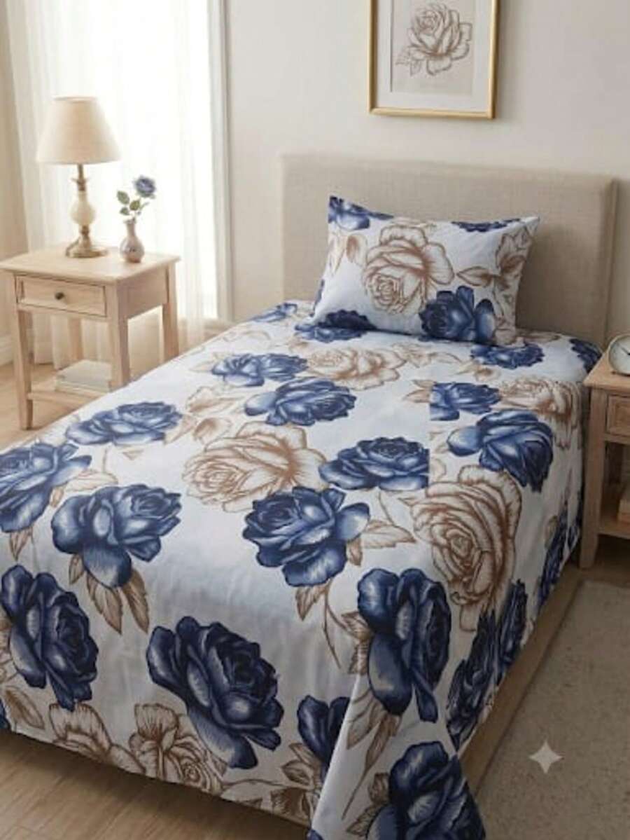 2-Piece Single Bed Sheet Set, Printed 200 Thread Count Percale Fabric, Full Elastic Hem, With Point Palito Pillowcase - Violet Purple - View 1